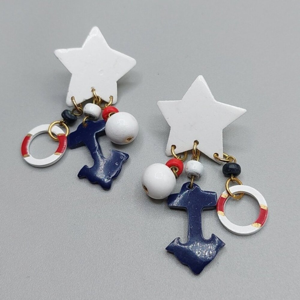 Artisan Patriotic Red Blue White Star Anchor Dangle Earrings Statement